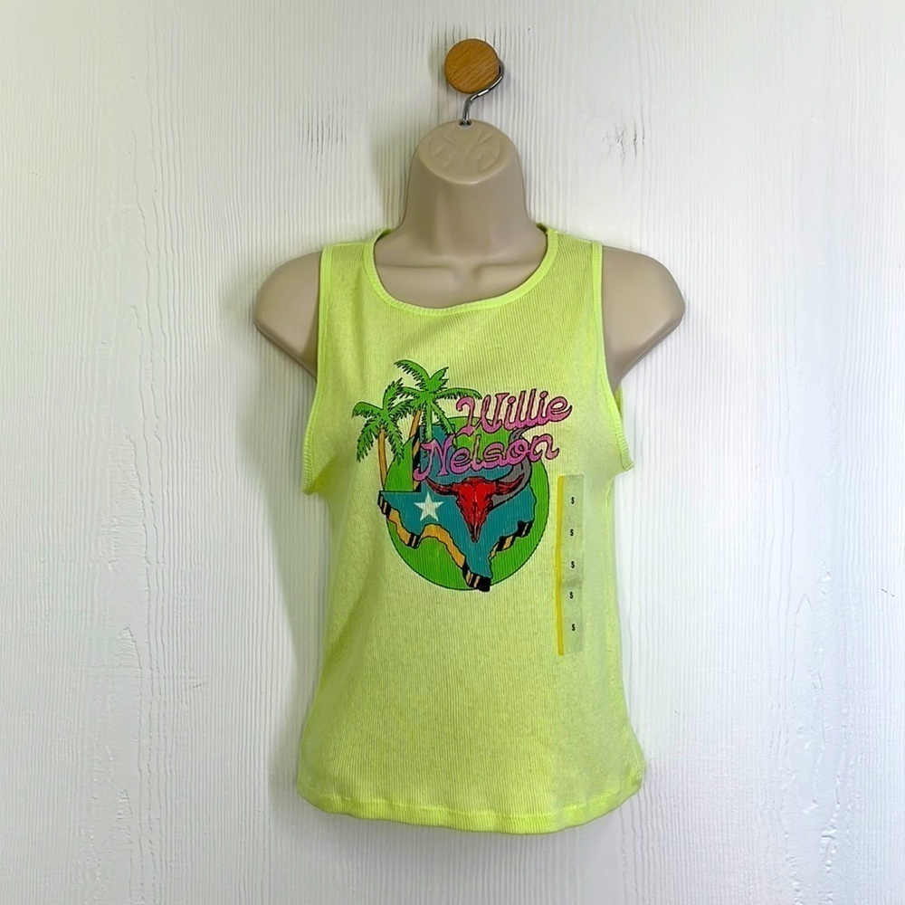 Zion Rootswear - Neon Yellow Willie Nelson Texas Palm Tree Graphic Tank Top Sm